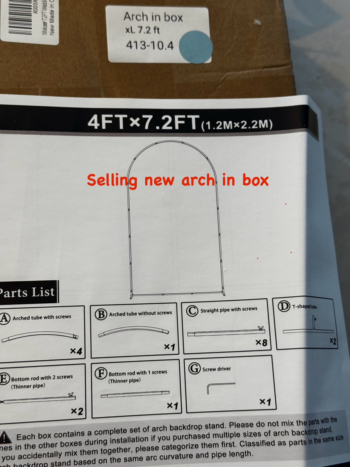 Size XL Single Arch Size 7.2ft Tall 4ft Wide. New In Box. Balloon Arch Frame