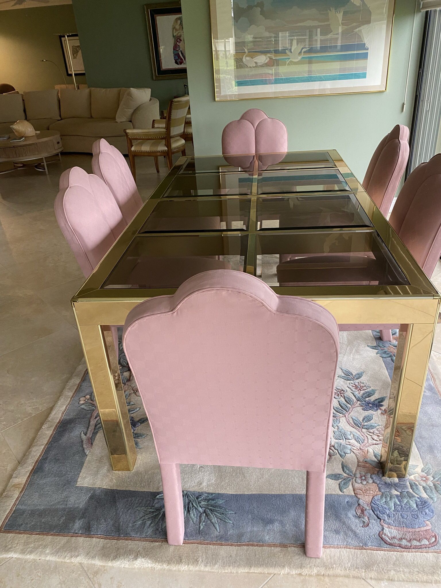 Hollywood Style Brass And Glass Dining Table With 6  Chairs ( Has Extensions To Fit Up To 12 )