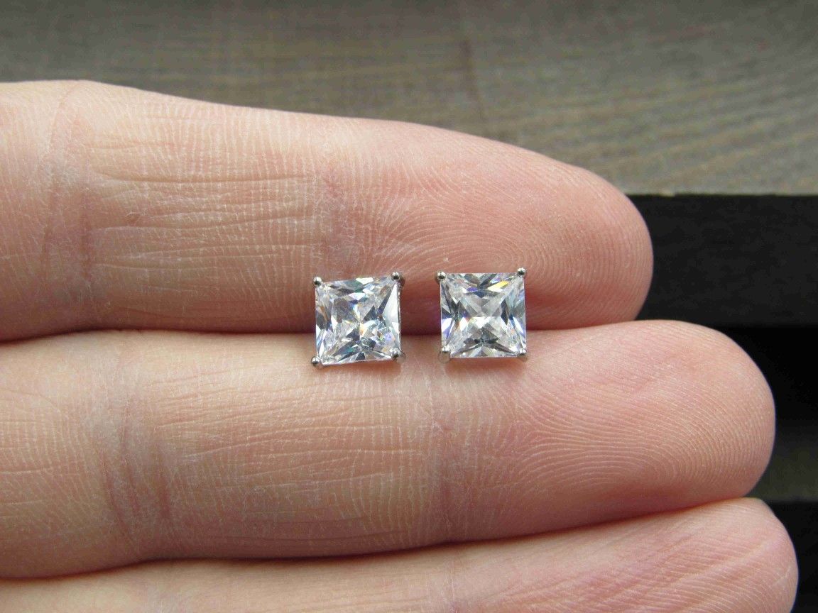 Sterling Silver Bright Well Cut Square Cubic Zirconia Earrings Vintage Wedding Engagement Anniversary Beautiful Everyday Minimalist Ornate