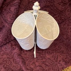 Off White Utensil/Make Up Brush Holder Spins Three Compartments