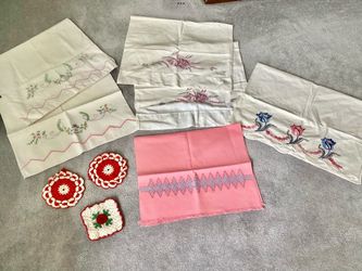 Vtg. 1940s Embroidered Crocheted Pillowcases + Kitchen Linen Items