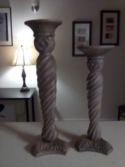 Pair of Hand Carved Brown solid Wooden Ornate Candle Holder Candlestick Tall 12" & 14" Decor