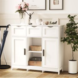 White Wooden Floor Storage Cabinets with Drawers and Shelves, Accent Cabinet for Home Decor