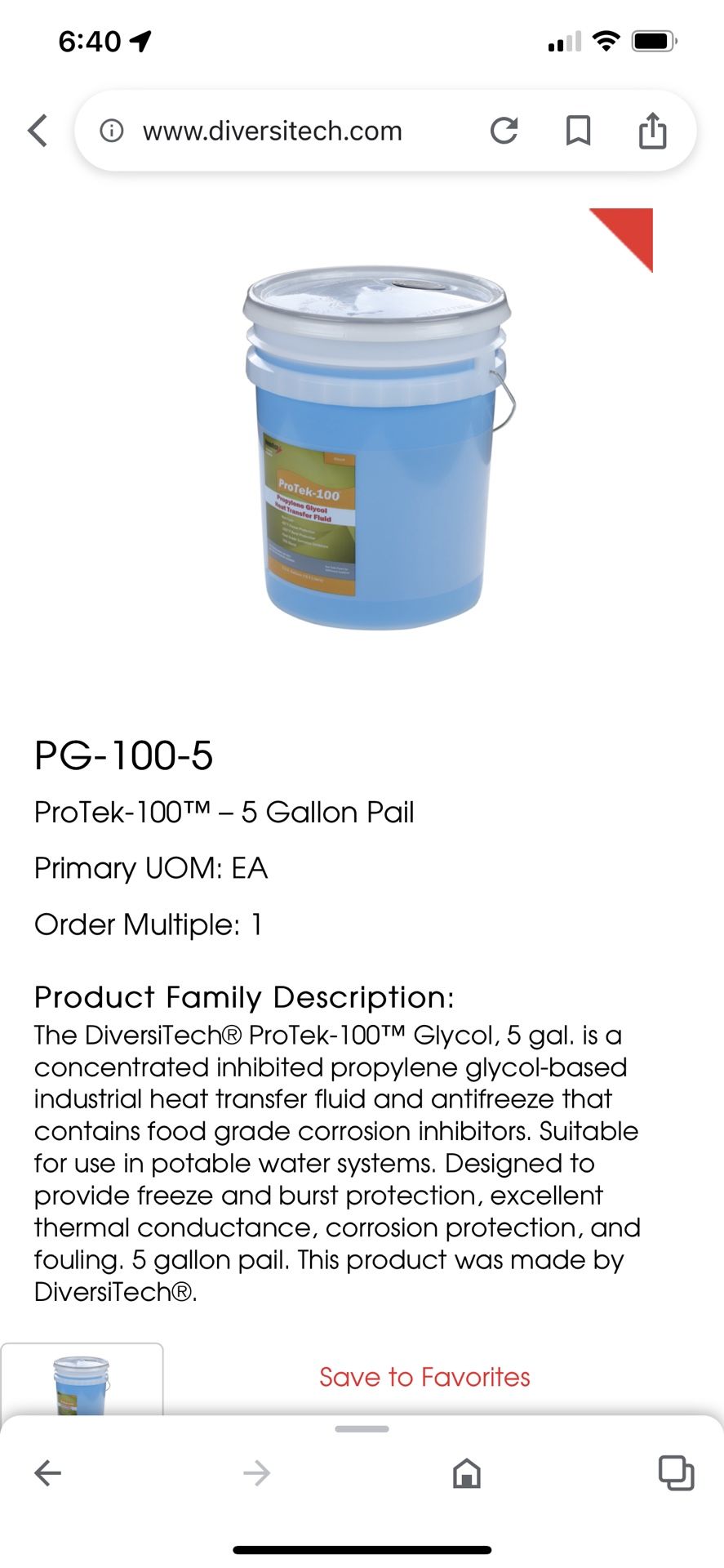 Product Family Description: The DiversiTech® ProTek-100™ Glycol, 5 gal. is a concentrated inhibited propylene glycol-based industrial heat transfer fl