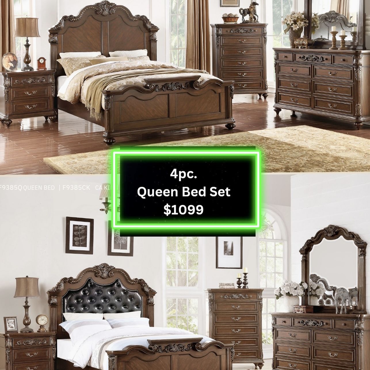 Queen Bedroom - 4pc Set Bed, Dresser, Mirror, Nightstand $1099