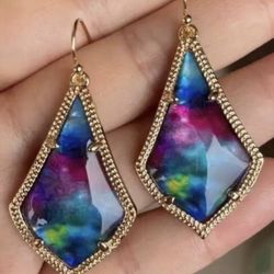 Gold Blue Pink Glass Teardrop Dangle earrings