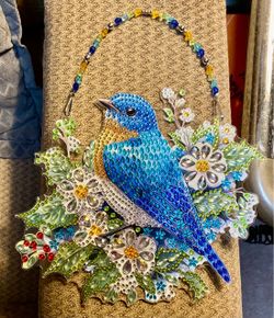 Diamond Art Sun Catcher BlueBird Songbird with Crystal Hanger Handmade 7x7”