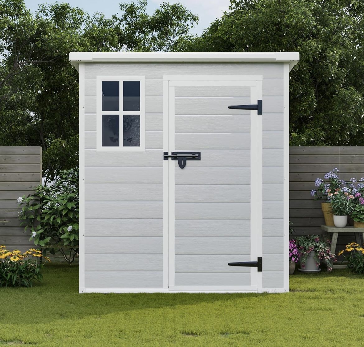 New In Box 6 x 6 FT Resin Outdoor Storage Shed Waterproof Shed with Floor & Two Windows & Lockable Door, Tool Shed for Garden, Patio, Backyard (Gray6*