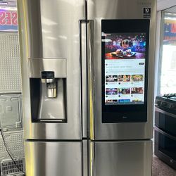 4-door stainless steel refrigerator with display screen
