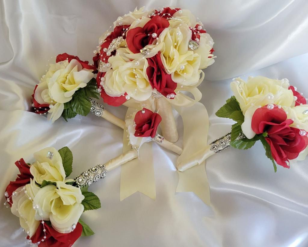 WEDDING BUNDLE! Flower bouquet For Bride, Groom Boutonnière , 3 Bridesmaid Bouquet ALSO MADE TO ORDER
