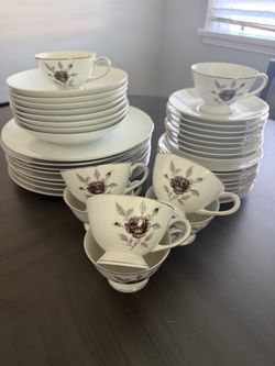 White Porcelain Dinnerware Set with Rose Pattern