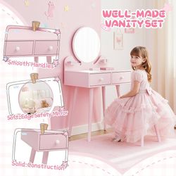 Kids Vanity Table and Chair Set, 2 in 1 Toddler Makeup Dressing Desk with Detachable Large Mirror and Stool, Drawers, Princess Wooden Pretend Play Toy