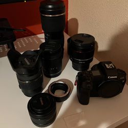 Canon R, 85mm Samyang f1.4 rf lens, 50mm canon f1.8 lens,, 28-75mm tamron f2.8 lens, viltrox adapter, 70-200mm tamron f2.8(not working) 