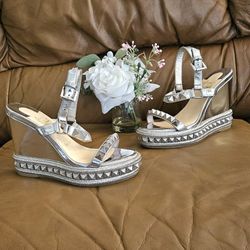 Women's Christian Louboutin Silver Leather Spike-Studded Luxury Buckle Sandals Size 5 US