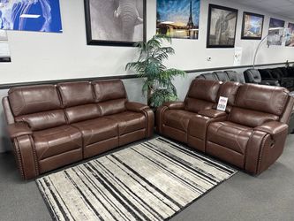 Brown Leather Sofa & Loveseat Rock and Recline