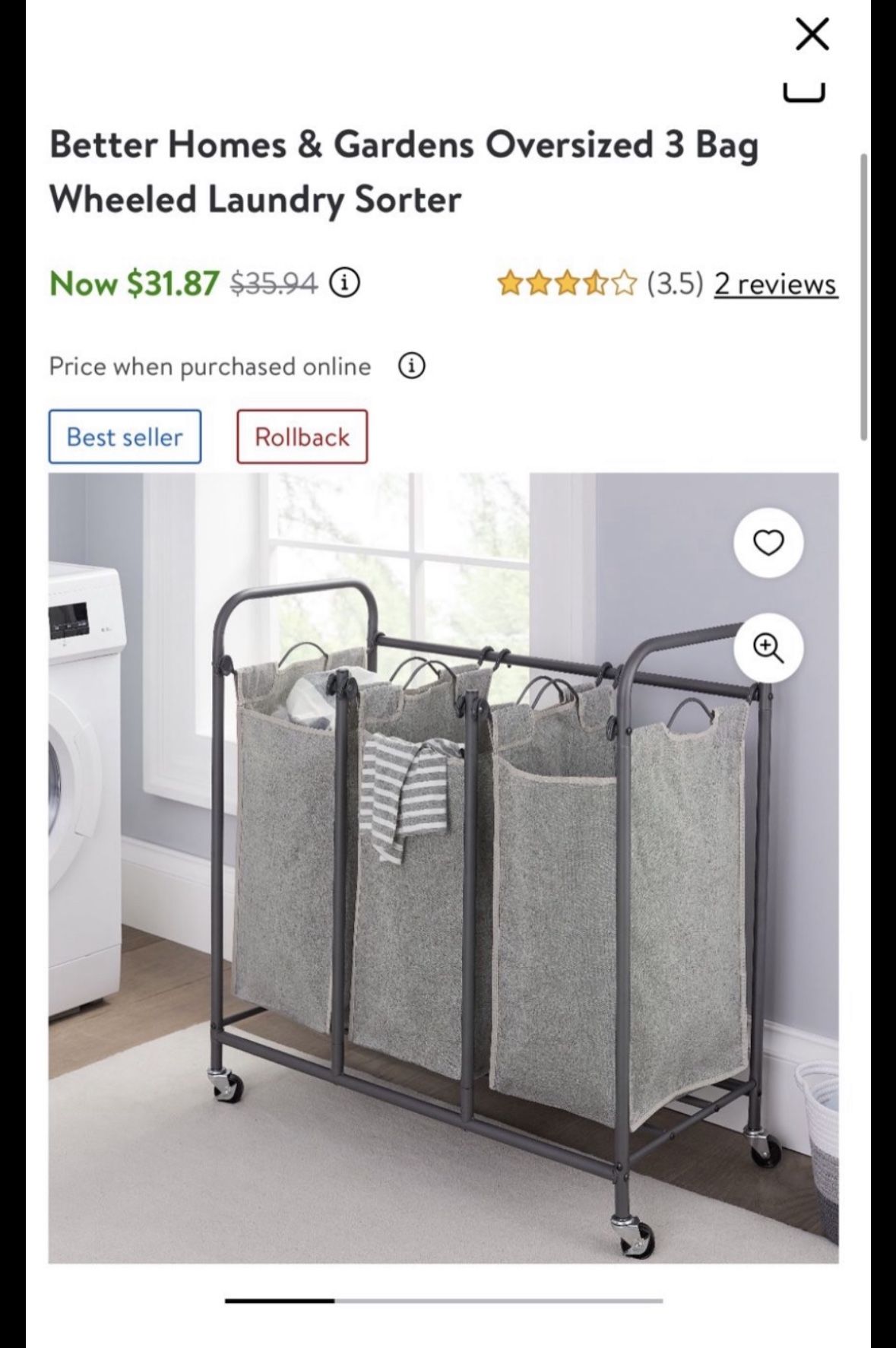 Better Homes & Gardens 3 Bag Divided Laundry Sorter Hamper