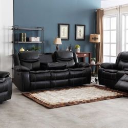 NEW Black 3pcs Air Leather Power Recliner & USB Sofa SET