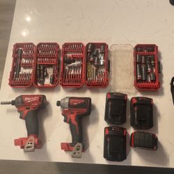 Milwaukee Drills With Three Batteries And Bits 
