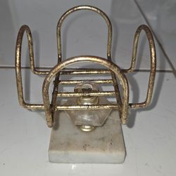Vintage Gold Wire Napkin Holder with Marble Base, 4.5" tall, holder top 4.5" long, 5.5" wide. Retro table decor, metal wire frame with rough aged fini