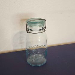Antique Trade Mark Lightning Putnam Aqua Blue Glass Fruit Canning Jar