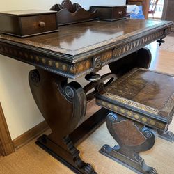 Antique American Renaissance Revival heavily carved desk with drawer & matching bench wooden vintage