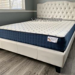 Queen White Crystal Button Bed With Orthopedic Mattress Included!!