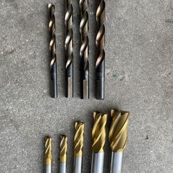 LAWSON ,9 Pieces Set, 5 Carbide  Industrial Grade  End Mill  ,4  Flute , Single End,  1 “ ,3/4 “, 1/2”, 3/8” and 5/16,  and 4 Drill Bits.