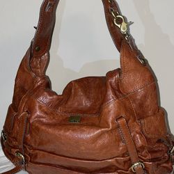 KOOBA Brown Glazed Leather Ruched Front Flap Over the Shoulder Hobo Bag