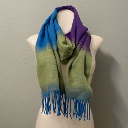 Gradient Blue and Green Scarf with Fringe Detail