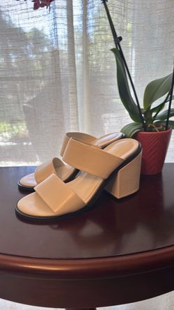 Cream Double Strap Block Heel Mules