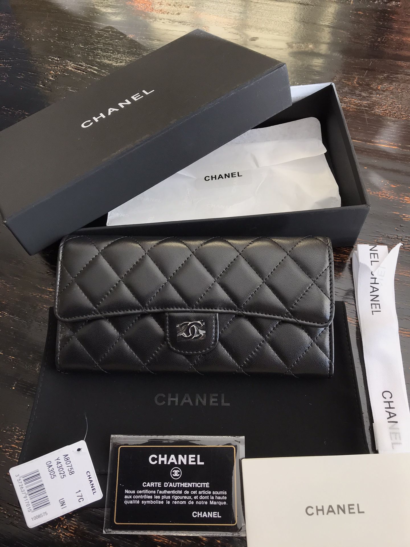 Chanel Lambskin Quilted Classic Silver Tone Flap Wallet