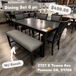 6 Pc Dining Set In Gray With Bench 