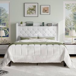 Queen Size Platform Bed Frame with Charging Station, Velvet Wingback Headboard with Storage Shelf, Wooden Slats Support, Ample Under-Bed Space, No Box