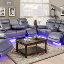 Power Electric Gray Leather Fully Reclining Couch Set 