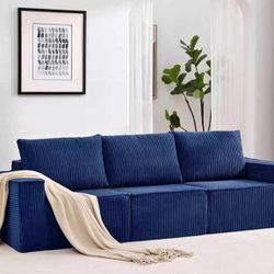 Modern Corduroy 3-Seater Sofa – Deep Seat Couch w/ Throw Pillows | Blue or White