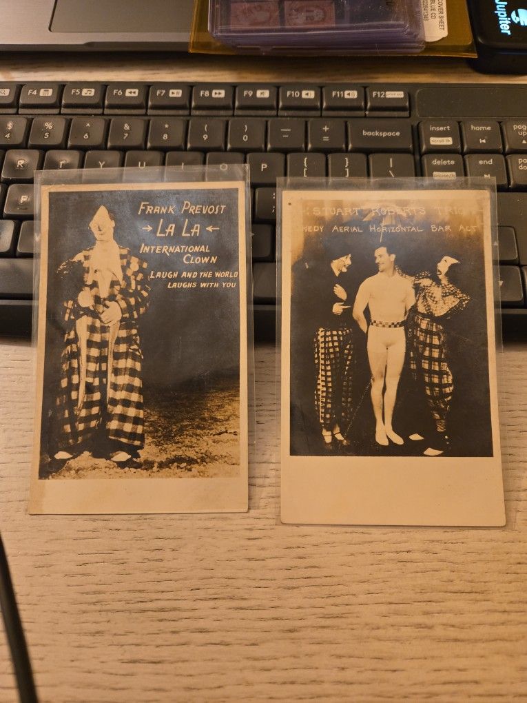 early circus / vaudeville promotional photographs featuring:
Frank Prevost “La La” – International Clown
Aerial horizontal bar comedy act performers