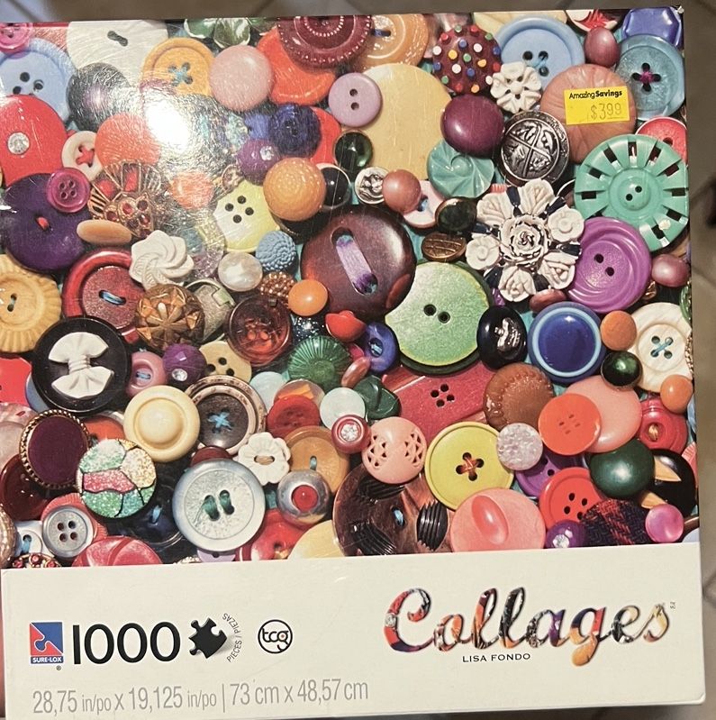 1000-piece jigsaw puzzle titled "Collages" by Lisa Fondo, various colorful buttons. 28.75 x 19.125 inches (73 x 48.57 cm).