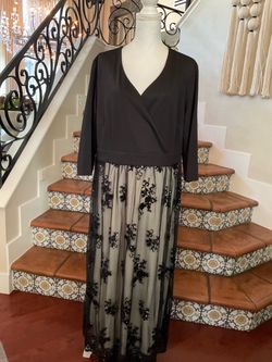 Women’s Black floral embroidered polyester & spandex maxi dress with 3/4 sleeves and a wrap style, size 22W