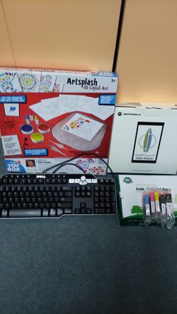 Box of cartridge cp225,226,Dell keyboard, Motorola modem and Artsplash