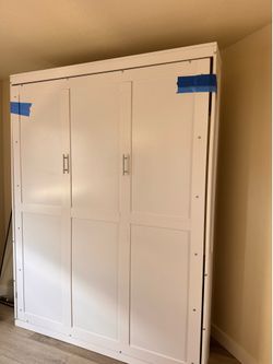 Queen Size White Murphy Bed Cabinet - Fold Down Wall Bed