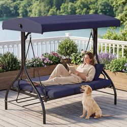 3-Seat Outdoor Patio Porch Swing with Adjustable Canopy & Backrest, Convertible 
