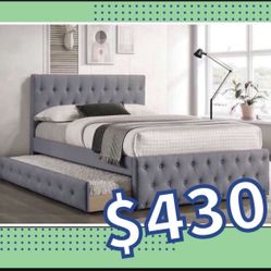 New In Box FULL BED W/TRUNDLE-LIGHT GREY BURLAP And 2 Mattresses.