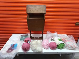 Vintage Wooden Sewing Stand with Yarn Lot