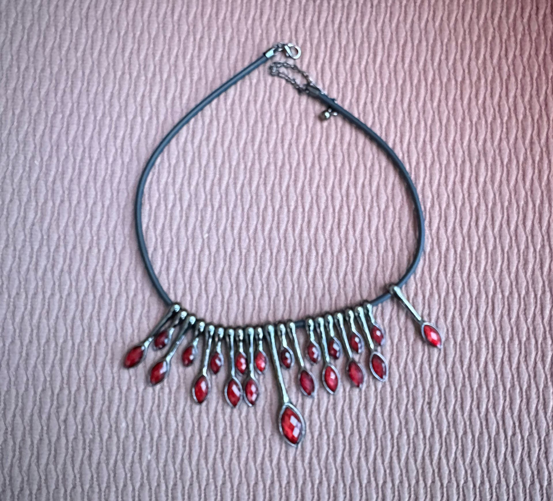 Boutique dark grey metal Statement CHOKER NECKLACE with red faceted glass.