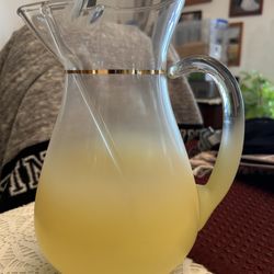 Vintage Blendo W.V. glass large Pitcher Rare Yellow with Glass Stirgold band 10"