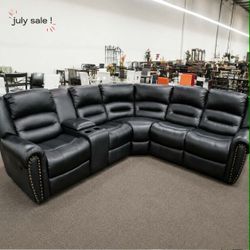 Manual black leather reclining sectional sofa