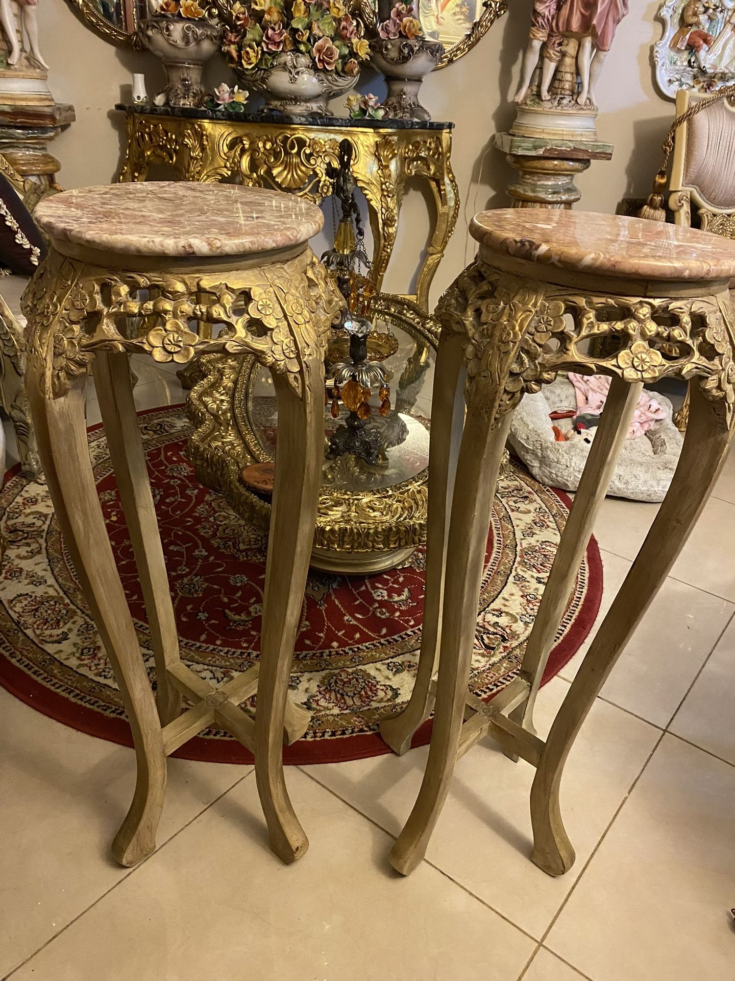 Two Washed Gold And Ivory Wood Marble Top Pedestals