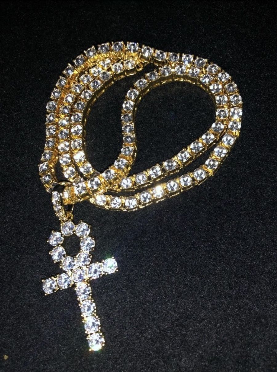 Tennis Link Rhinestone Gold Chain w/ Ankh Pendant