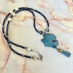 Long Sodalite Necklace With Quartz Pendant 