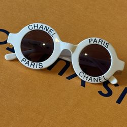 1990's Iconic White Chanel Paris Round Sunglasses